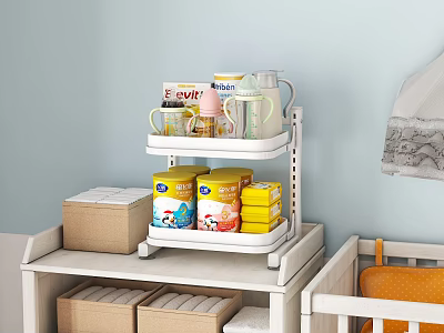 Baby Storage Shelf with Milk Powder Cans and Baby Bottles in Light Blue Nursery Room 3d model