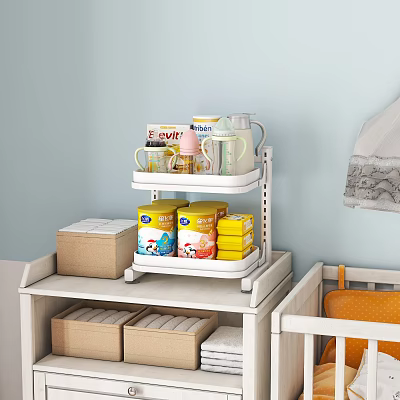 Baby Storage Shelf with Milk Powder Cans and Baby Bottles in Light Blue Nursery Room 3d model