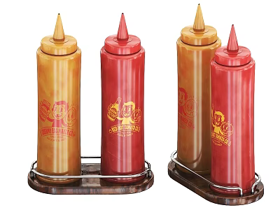 Set of Yellow and Red Condiment Bottles with Metal Holders and Logo Design 3d model
