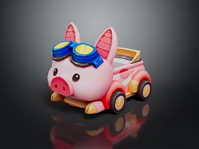 Pink Pig Shaped Childrens Furniture With Blue Goggles And Red Yellow Wheels 3d model