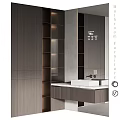 Elegant Modern Bathroom Interior With Wooden Cabinets Large Mirror And Marble Vanity