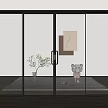 Modern Glass Sliding Doors In Interior With Rug Potted Plant And Wall Art