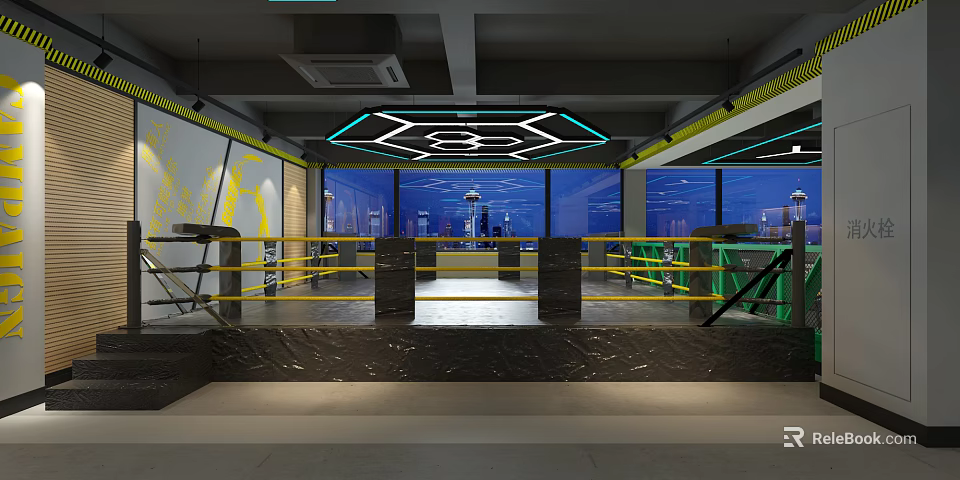 Modern Industrial Fitness Gym Interior With Boxing Ring Yellow Ropes Large Windows And City View 3d model 