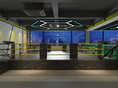 Modern Industrial Fitness Gym Interior With Boxing Ring Yellow Ropes Large Windows And City View 3d model