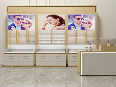 Shopping Mall Eyewear Counter With Sunglasses Display Shelves And People Posters 3d model