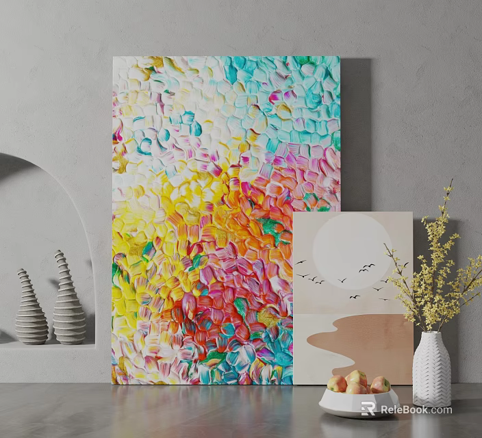 Colorful Textured Abstract Painting With Small Artwork Decorative Cones And Flower Vase 3d model 