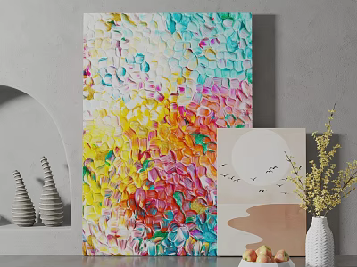 Colorful Textured Abstract Painting With Small Artwork Decorative Cones And Flower Vase 3d model