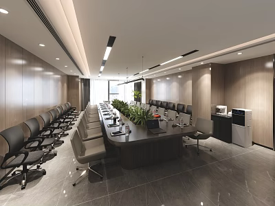 Modern Conference Room Interior Design With Long Table Chairs Plants And Wooden Walls 3d model