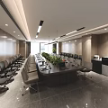 Modern Conference Room Interior Design With Long Table Chairs Plants And Wooden Walls