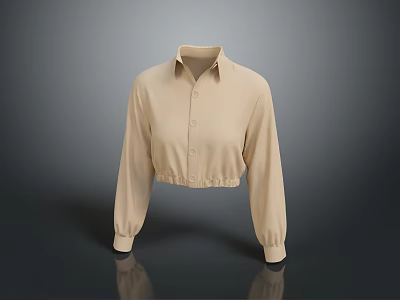 Beige Collared Cropped Shirt with Long Sleeves Button Front and Elastic Waist Design 3d model
