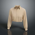 Beige Collared Cropped Shirt with Long Sleeves Button Front and Elastic Waist Design