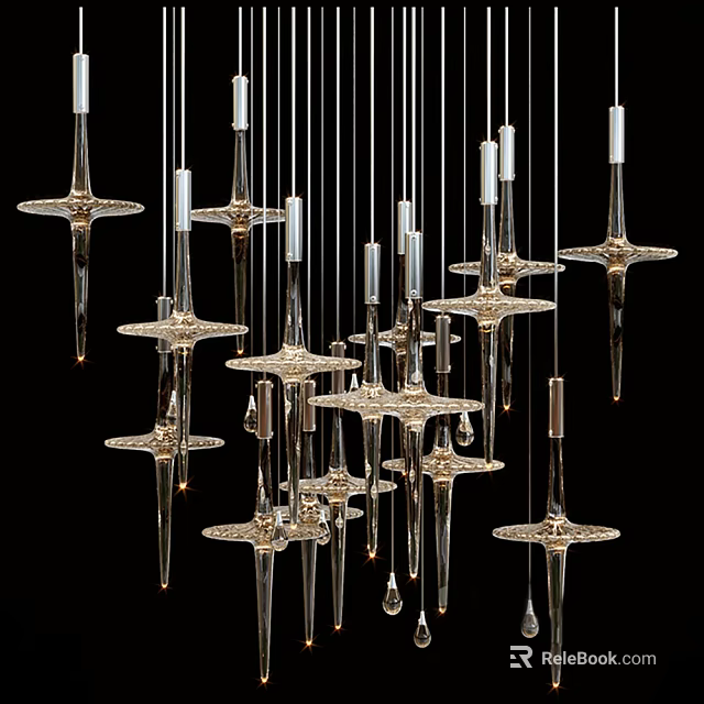 Modern Crystal Chandelier Design With Multiple Star Shaped Glass Pendants And Metal Rods 3d model 