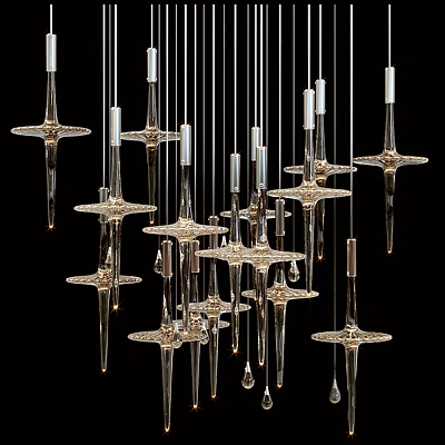 Modern Crystal Chandelier Design With Multiple Star Shaped Glass Pendants And Metal Rods 3d model