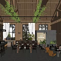 Modern Cafe Interior Design With Wooden Ceiling Green Vines Pendant Lights And Cozy Seating Area