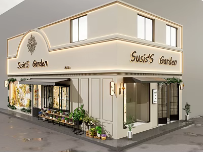 Susi's Garden Two Story Shop With Light Exterior Large Windows Plants And Displayed Goods 3d model