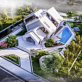 Modern Detached Villa Featuring Unique Geometric Architecture Swimming Pool and Green Garden