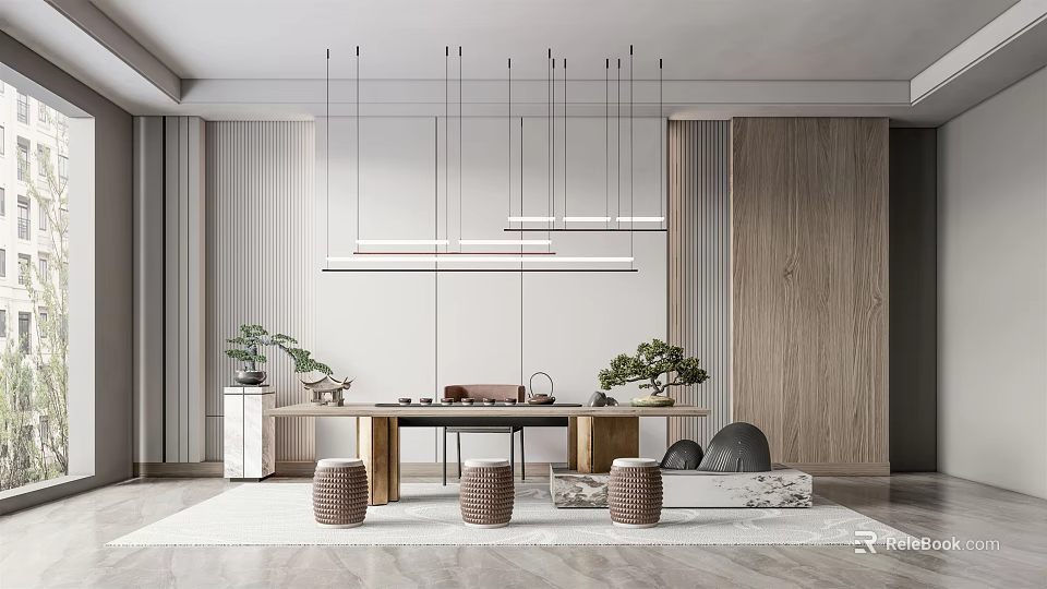Modern Tea Room Interior With Wooden Tea Table Pendant Lights Low Stools And Potted Plants 3d model 