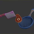 Silver Kitchen Knife Red Round Object And Blue Pan With Wooden Handles