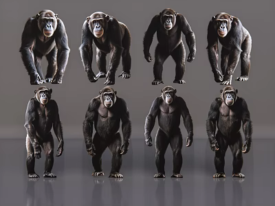 Multiple Reptile Specimens Displaying Various Standing Poses On Gray Reflective Ground 3d model