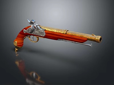 Antique Pistol with Wooden Grip and Golden Decorative Metal Components Vintage Design 3d model