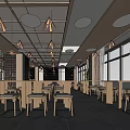 Modern Restaurant Interior With Wooden Ceiling Pendant Lights And Large Windows Tables Stools