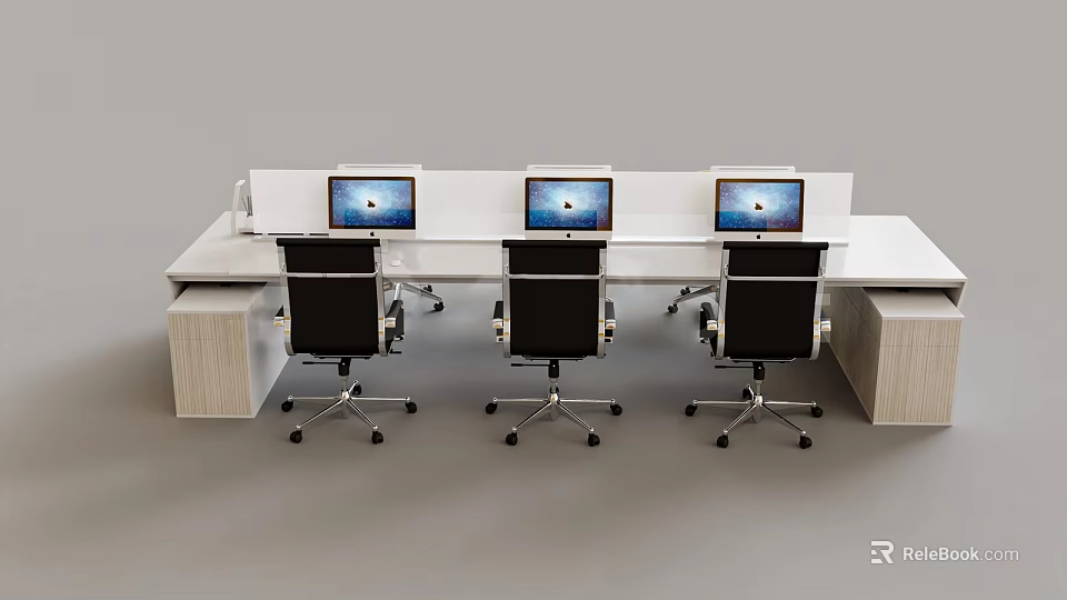 Modern Office Desk With Three Workstations Computer Monitors And Black Office Chairs 3d model 