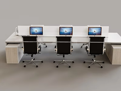 Modern Office Desk With Three Workstations Computer Monitors And Black Office Chairs 3d model