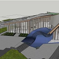 Modern Sales Office Building With Glass Curtain Walls Curved Wooden Roof And Landscaped Gardens