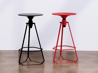 Two Black And Red Bar Stools With Geometric Metal Frames On Wooden Floor 3d model