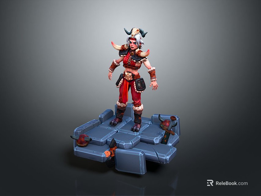 3D Decorative Toy Figure With Red Black Outfit Horns Standing On Blue Platform 3d model 