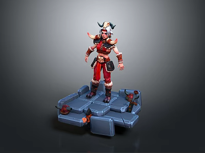 3D Decorative Toy Figure With Red Black Outfit Horns Standing On Blue Platform 3d model