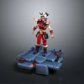 3D Decorative Toy Figure With Red Black Outfit Horns Standing On Blue Platform