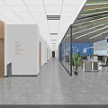 Public Office Space With Glass Partitions Blue Walls Work Desks And Green Plants