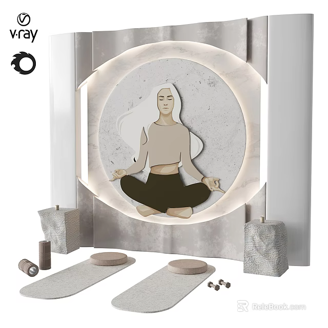Tranquil Yoga Setting With Woman In Lotus Pose Circular Background Soft Lighting Mat Blocks Scrolls 3d model 