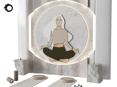 Tranquil Yoga Setting With Woman In Lotus Pose Circular Background Soft Lighting Mat Blocks Scrolls 3d model