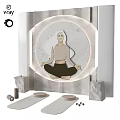 Tranquil Yoga Setting With Woman In Lotus Pose Circular Background Soft Lighting Mat Blocks Scrolls