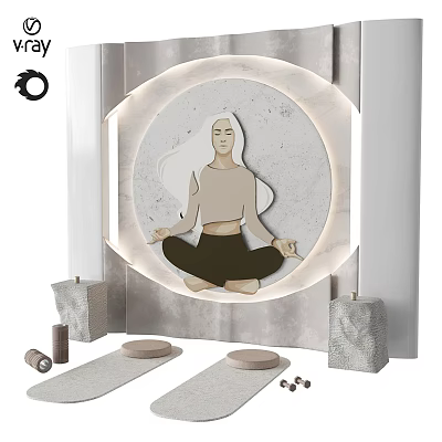 Tranquil Yoga Setting With Woman In Lotus Pose Circular Background Soft Lighting Mat Blocks Scrolls 3d model