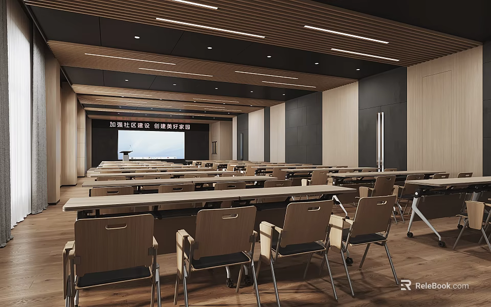 Modern Conference Room With Long Tables Chairs Large Screen And Bright Ceiling Lights 3d model 