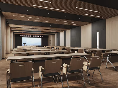 Modern Conference Room With Long Tables Chairs Large Screen And Bright Ceiling Lights 3d model