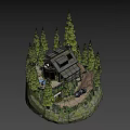 Wooden Mountain Cabin With Deck Blue Sports Car And Pine Tree Surroundings