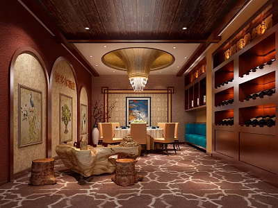 Chinese Style Private Room Interior With Dining Table Chandelier Wine Cabinets And Decorative Paintings 3d model