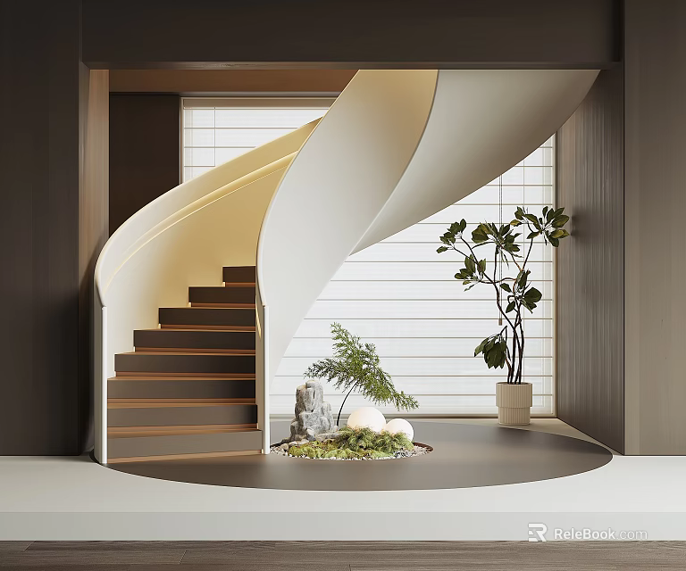 Modern Minimalist Spiral Staircase with White Railing Dark Steps and Green Plants 3d model 