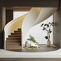 Modern Minimalist Spiral Staircase with White Railing Dark Steps and Green Plants