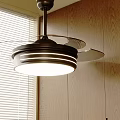 Modern Ceiling Air Conditioning Fan With Light In Room Wooden Walls And Window Blinds