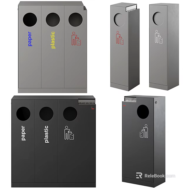 Public Classification Trash Bins With Paper Plastic Waste Icons And Multiple Holes Design 3d model 