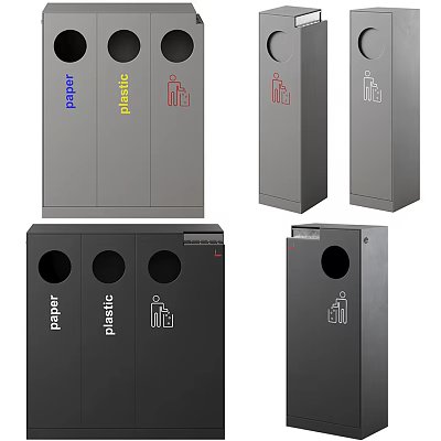 Public Classification Trash Bins With Paper Plastic Waste Icons And Multiple Holes Design 3d model