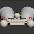 Technical Mechanical Assembly With Silver Horn Shaped Parts Red Accents And White Base