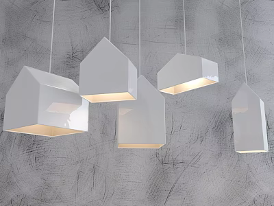 Five White House Shaped Modern Pendant Lights Hanging Against Grey Textured Background 3d model