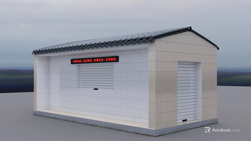Public Restroom Building With White Beige Brick Walls Gray Tiled Roof And Red Signage 3d model 