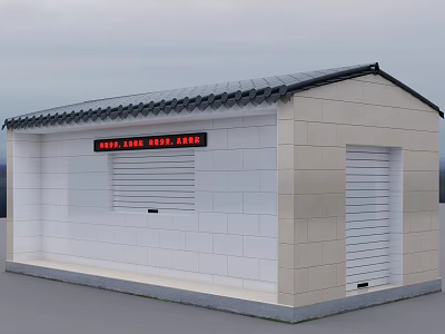 Public Restroom Building With White Beige Brick Walls Gray Tiled Roof And Red Signage 3d model
